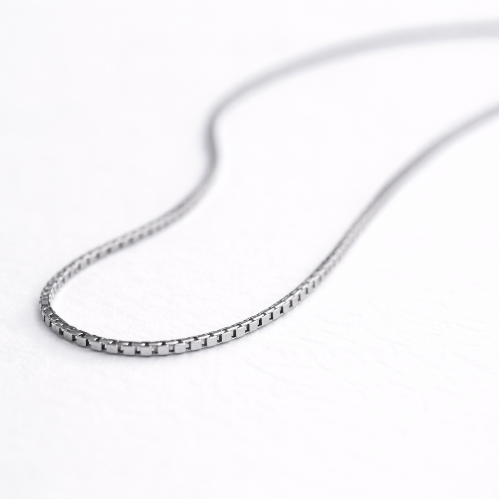 Sleek silver box chain with a modern, polished finish.