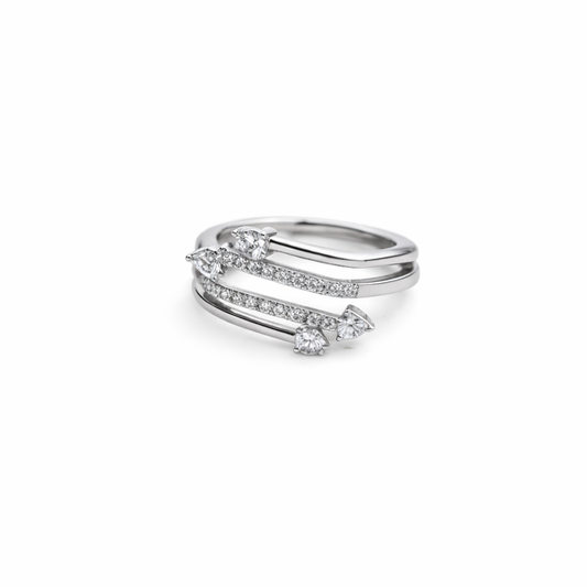 Elegant white gold multi-band ring with sparkling pavé diamonds and delicate pear-cut accents