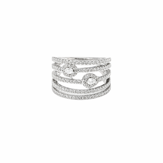 Sleek multi-band diamond ring with twin halo sparkle.