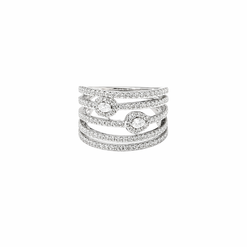Sleek multi-band diamond ring with twin halo sparkle.