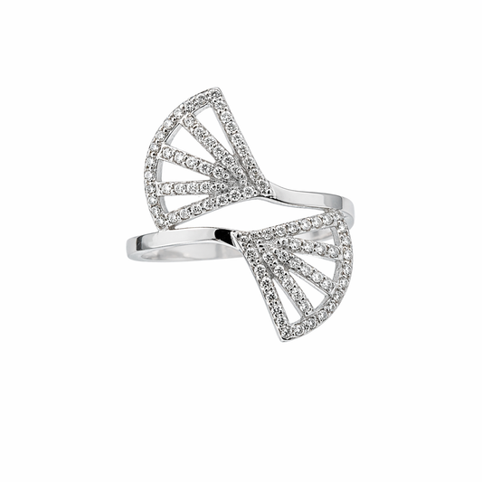 Elegant silver ring with a unique twin fan design,