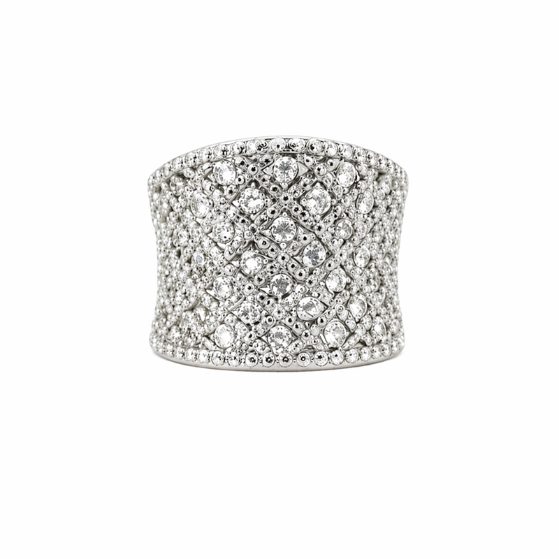 Wide diamond-studded band with intricate sparkle
