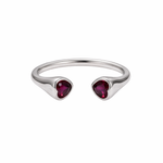 Elegant open-ended silver ring featuring twin heart-shaped ruby stones.