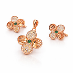 Floral Green Stone Rose Gold Pendant And Stud Set