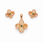Floral Green Stone Rose Gold Pendant And Stud Set