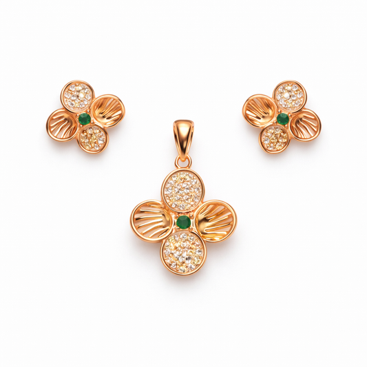Floral Green Stone Rose Gold Pendant And Stud Set
