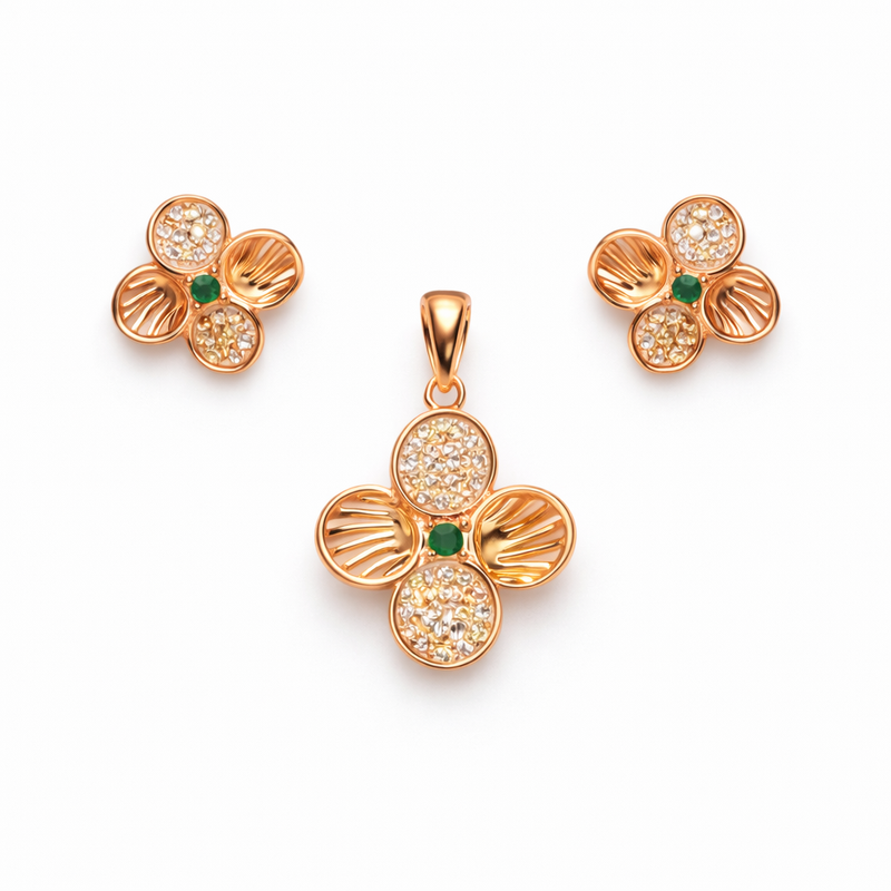 Floral Green Stone Rose Gold Pendant And Stud Set