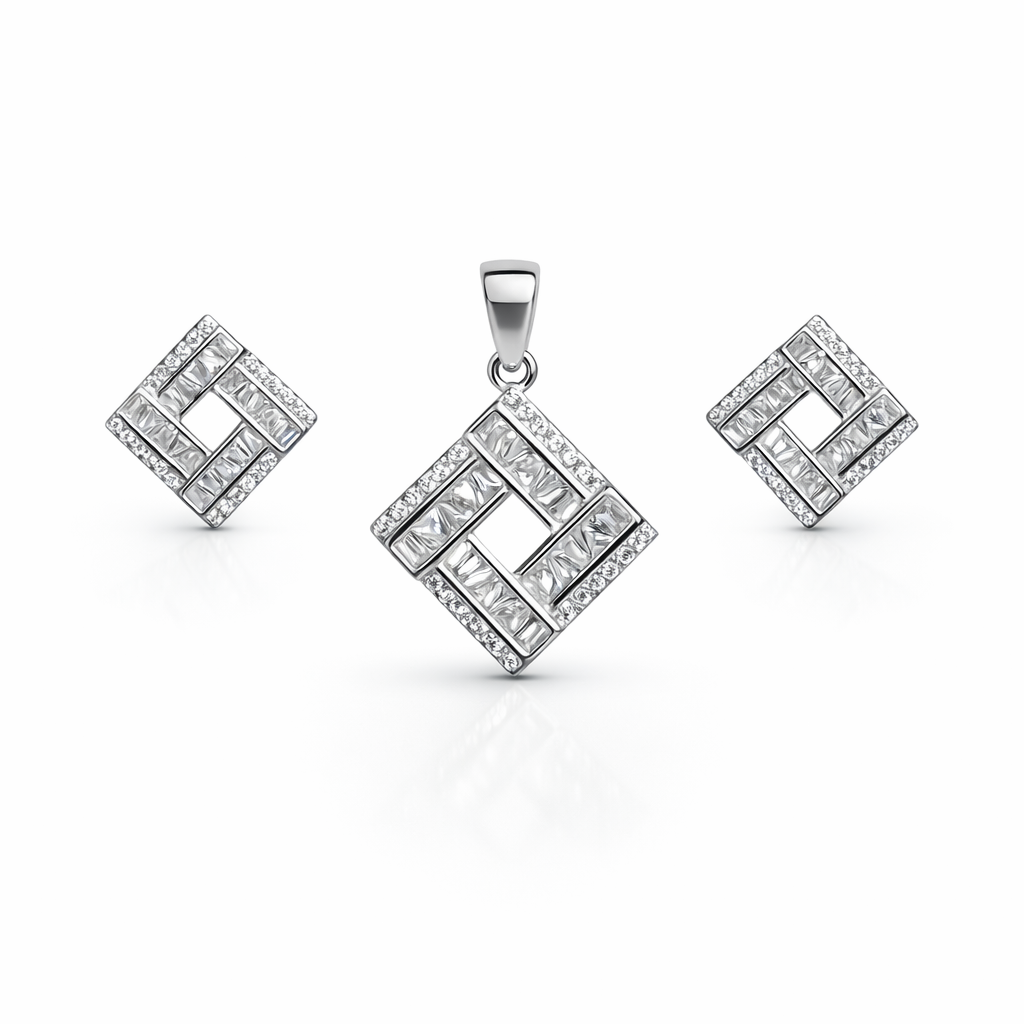 Modern Geometric Silver Pendant And Stud Set