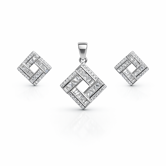 Modern Geometric Silver Pendant And Stud Set