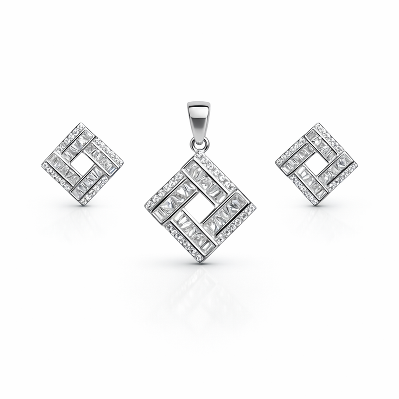 Modern Geometric Silver Pendant And Stud Set