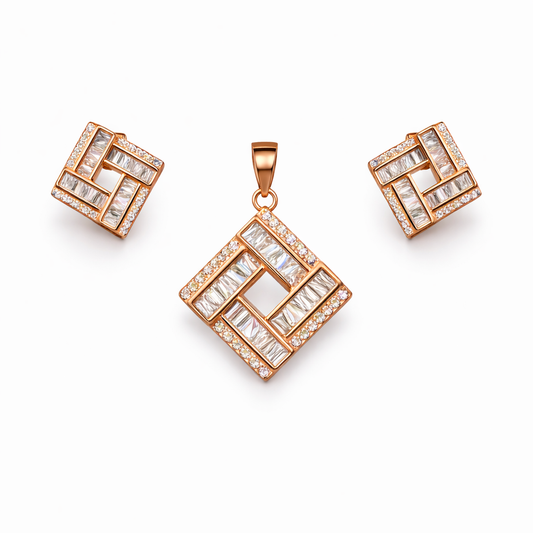 Rose Gold Geometric Crystal Pendant And Stud Set
