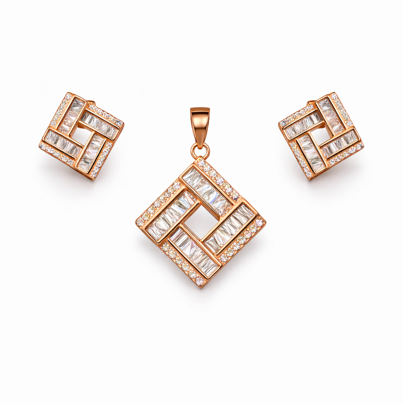 Rose Gold Geometric Crystal Pendant And Stud Set