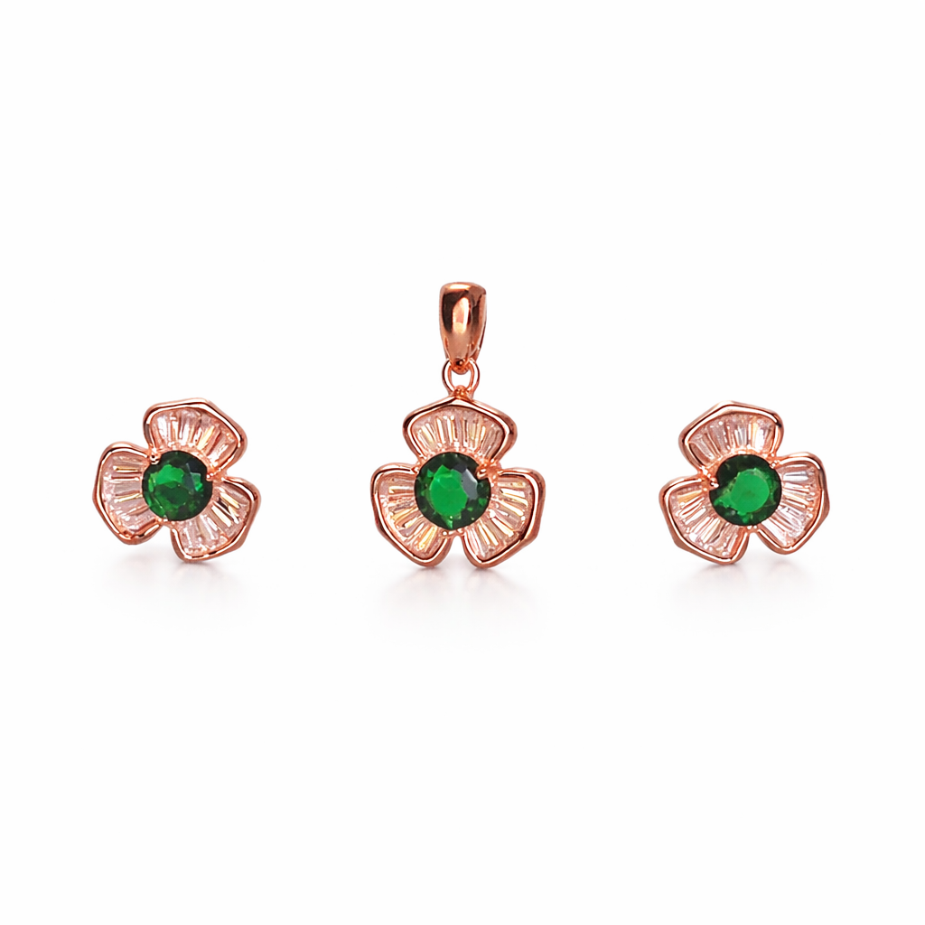 Emerald Flower Rose Gold Pendant And Stud Set
