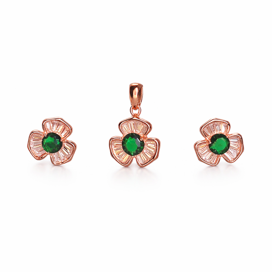 Emerald Flower Rose Gold Pendant And Stud Set