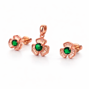 Emerald Flower Rose Gold Pendant And Stud Set