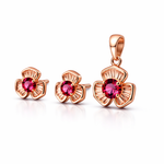 Ruby Flower Rose Gold Pendant And Stud Set