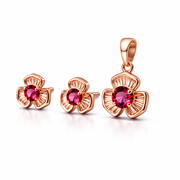 Ruby Flower Rose Gold Pendant And Stud Set