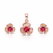 Ruby Flower Rose Gold Pendant And Stud Set