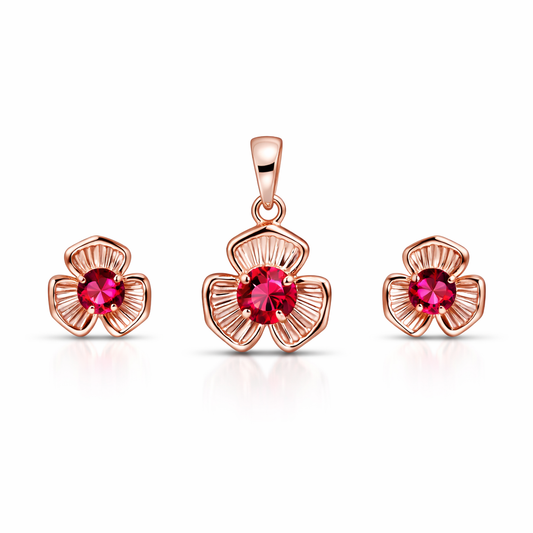 Ruby Flower Rose Gold Pendant And Stud Set