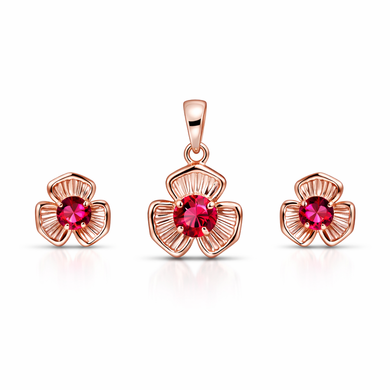 Ruby Flower Rose Gold Pendant And Stud Set