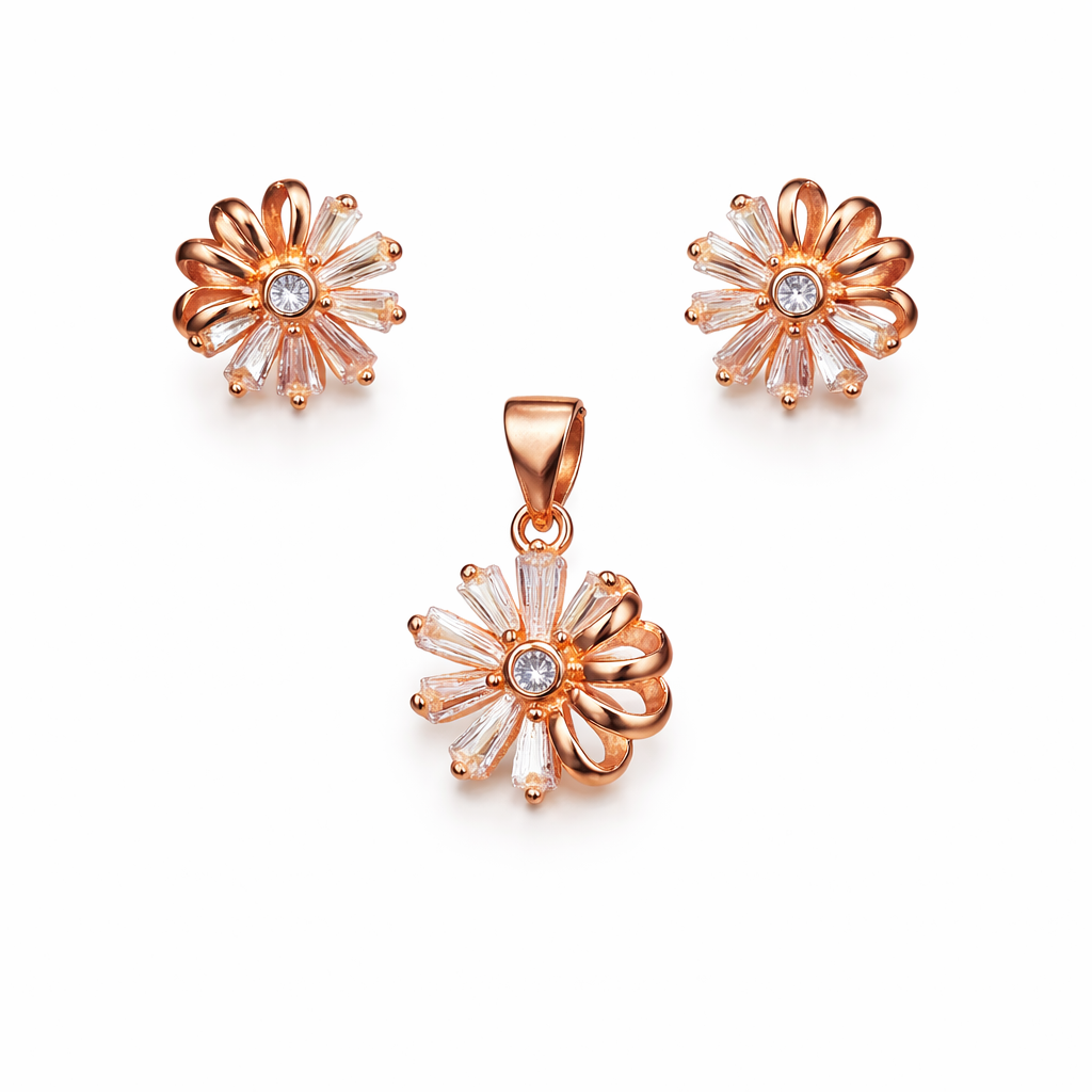 Crystal Floral Bloom Rose Gold Pendant And Stud Set