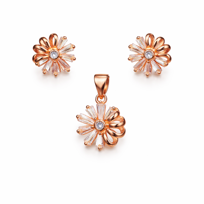 Crystal Floral Bloom Rose Gold Pendant And Stud Set