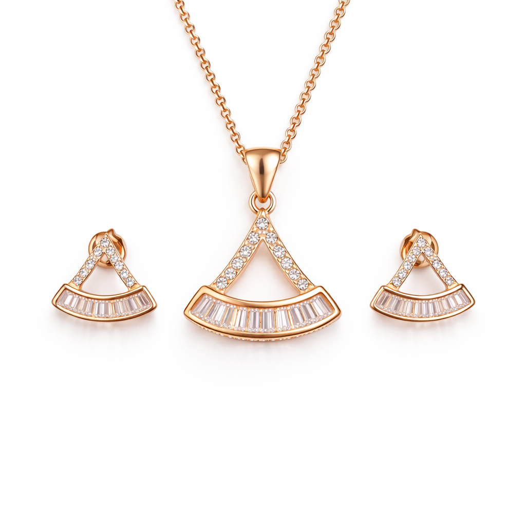 Rose Gold Minimalist Fan-Shaped Pendant And Studs Set