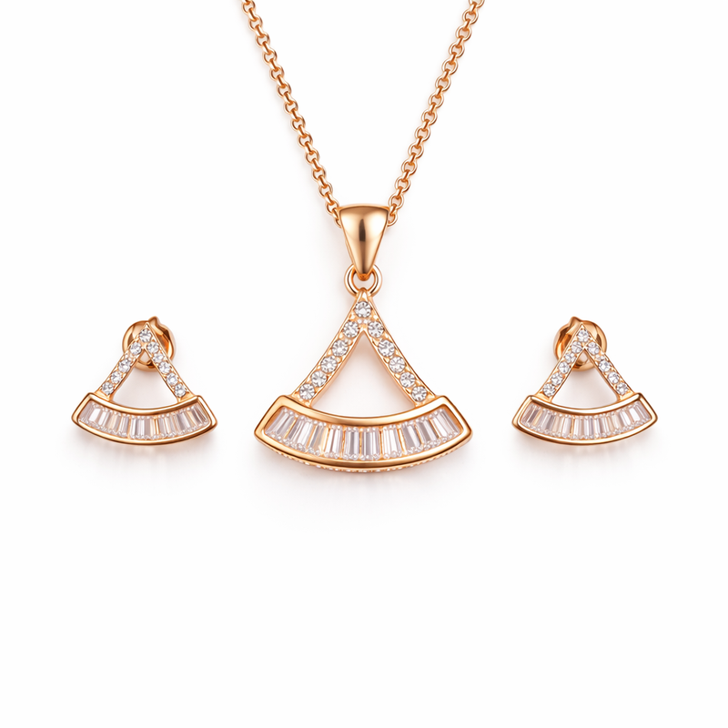Rose Gold Minimalist Fan-Shaped Pendant And Studs Set
