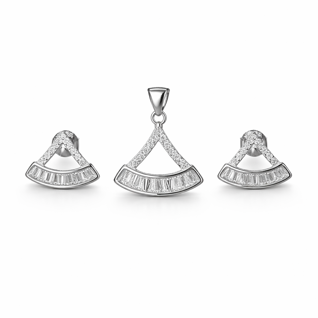 Silver Minimalist Fan-Shaped Pendant And Stud Set