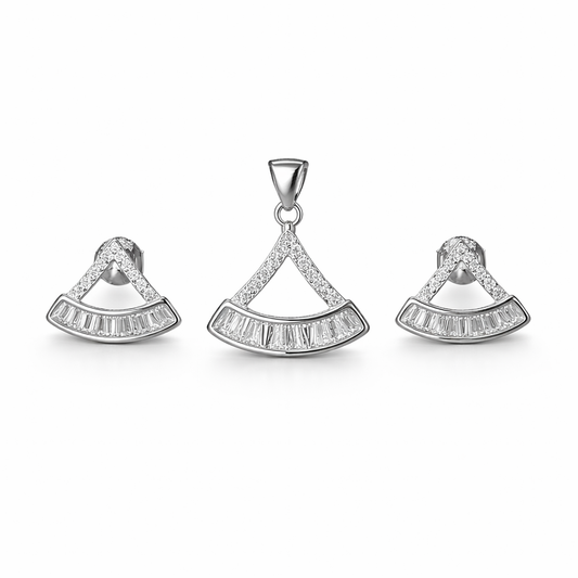Silver Minimalist Fan-Shaped Pendant And Stud Set