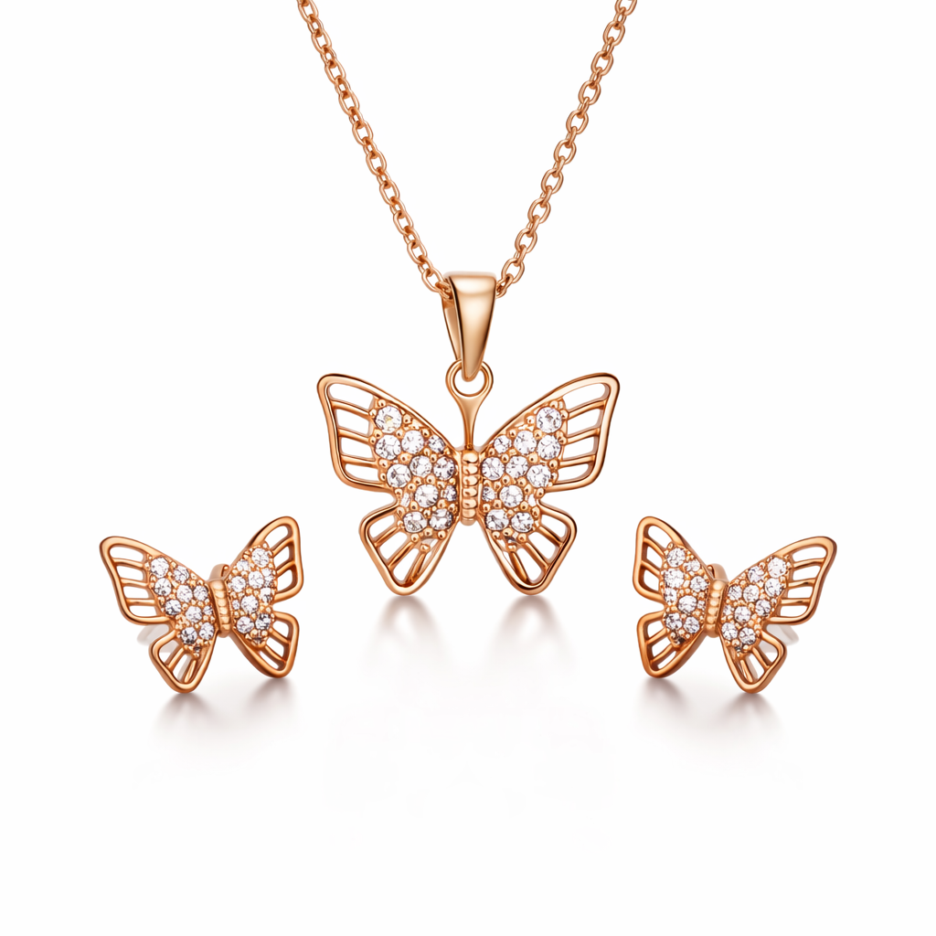 Rose Gold Butterfly Crystal Pendant And Stud Set