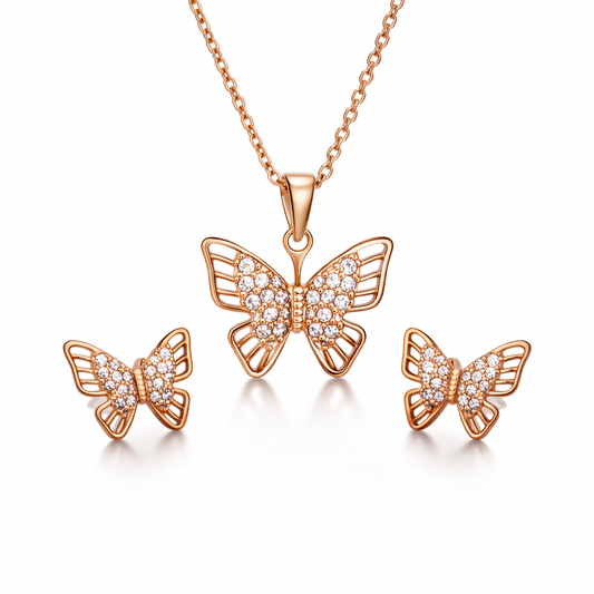 Rose Gold Butterfly Crystal Pendant And Stud Set