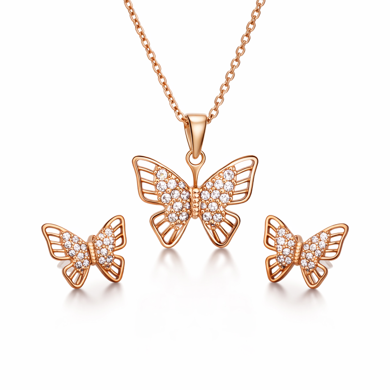 Rose Gold Butterfly Crystal Pendant And Stud Set
