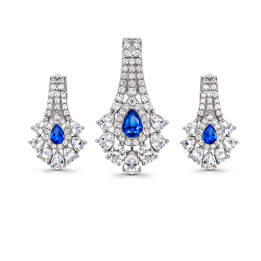 Silver Royal Blue Stone Pendant And Stud Set