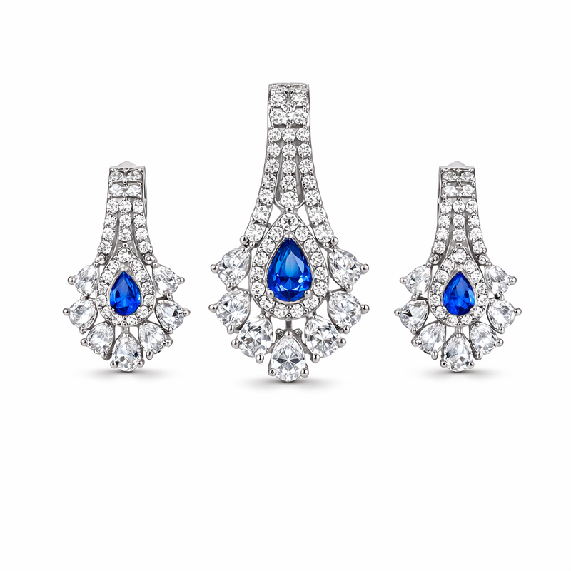 Silver Royal Blue Stone Pendant And Stud Set
