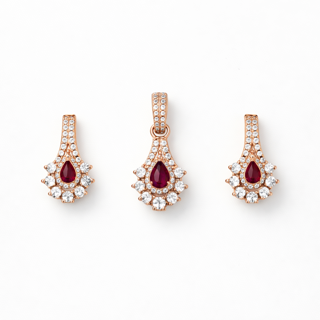 Rose Gold Classic Ruby Drop Pendant And Stud Set