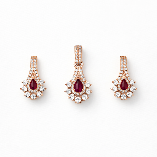 Rose Gold Classic Ruby Drop Pendant And Stud Set