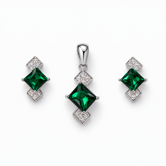 Emerald Diamond Halo Pendant Set