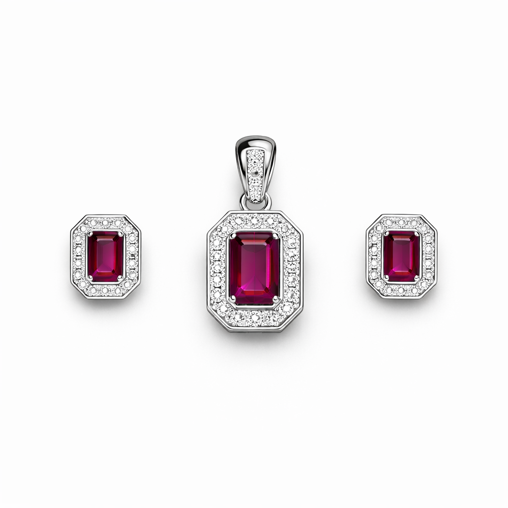 Vintage Ruby Emerald-Cut Pendant Set