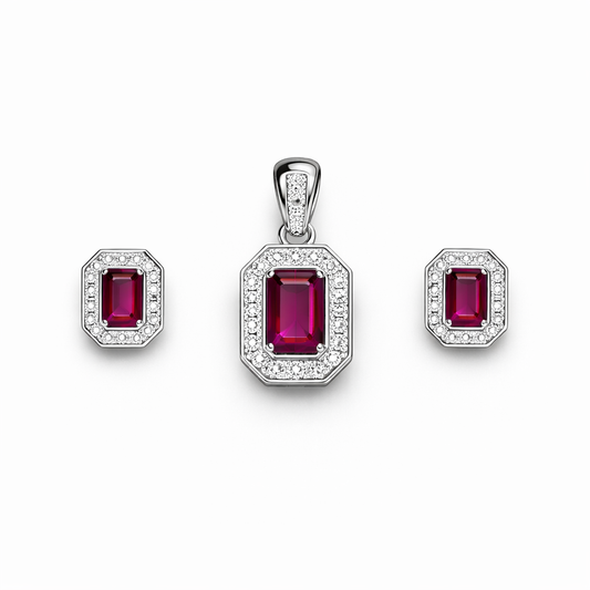 Vintage Ruby Emerald-Cut Pendant Set