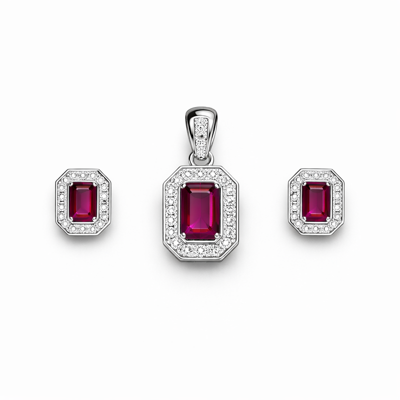 Vintage Ruby Emerald-Cut Pendant Set