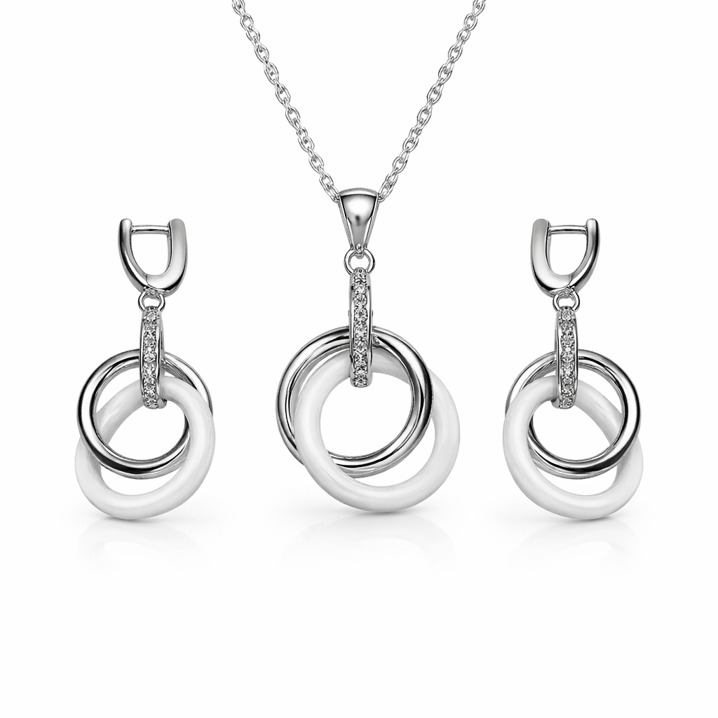 Modern Interlocking Rings Pendant And Earring Set