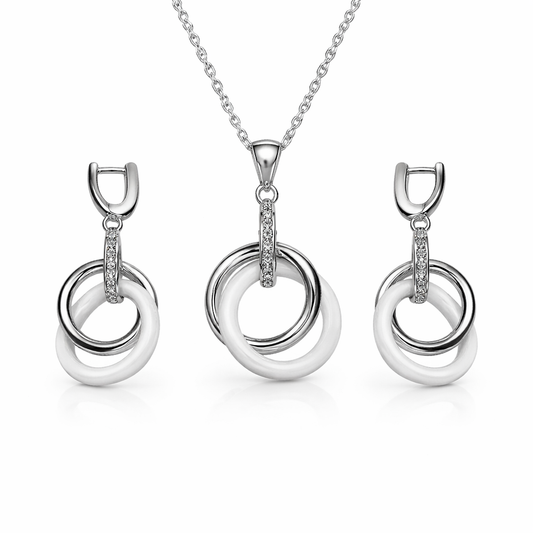 Modern Interlocking Rings Pendant And Earring Set