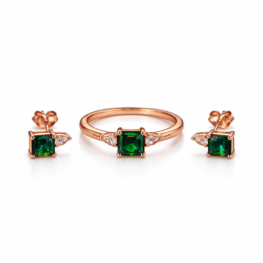 Emerald Solitaire Rose Gold Ring & Earrings Set