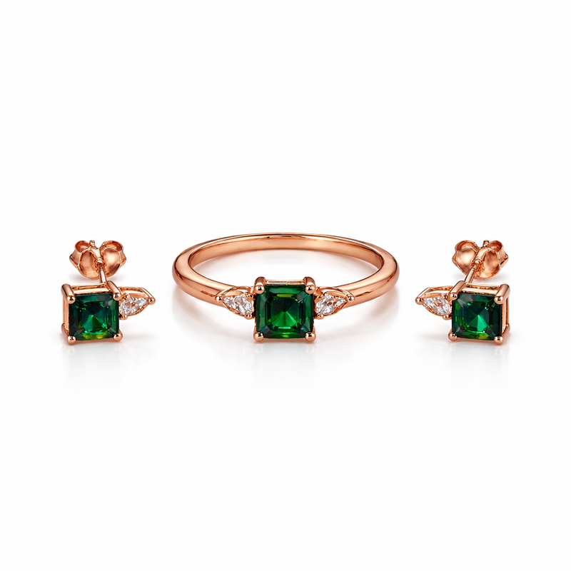 Emerald Solitaire Rose Gold Ring & Earrings Set