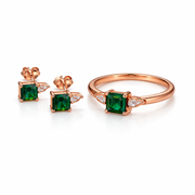 Emerald Solitaire Rose Gold Ring & Earrings Set