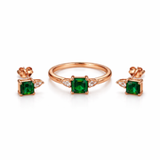 Emerald Solitaire Rose Gold Ring & Earrings Set