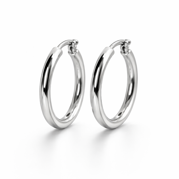 Polished Silver Oval Hoop Earrings. (Medium)