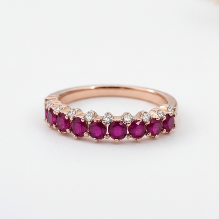Rose gold beauty with rich ruby glow and subtle sparkle.