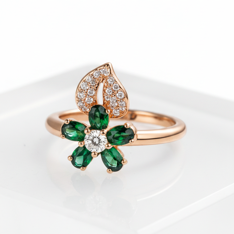 Emerald Flower Rose Gold Ring